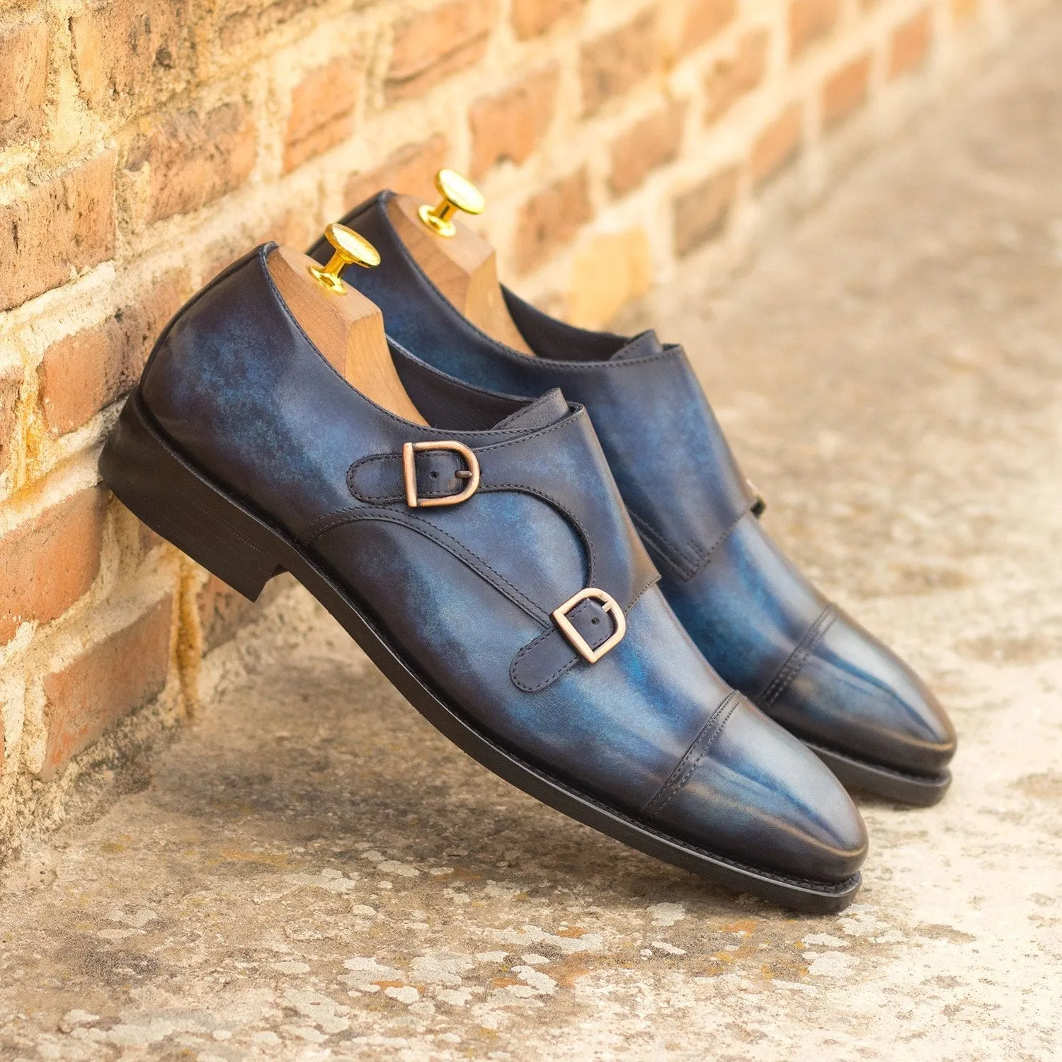 Ambrogio Bespoke Custom Men's Shoes Denim Patina Leather Monk-Straps Loafers (AMB2196)