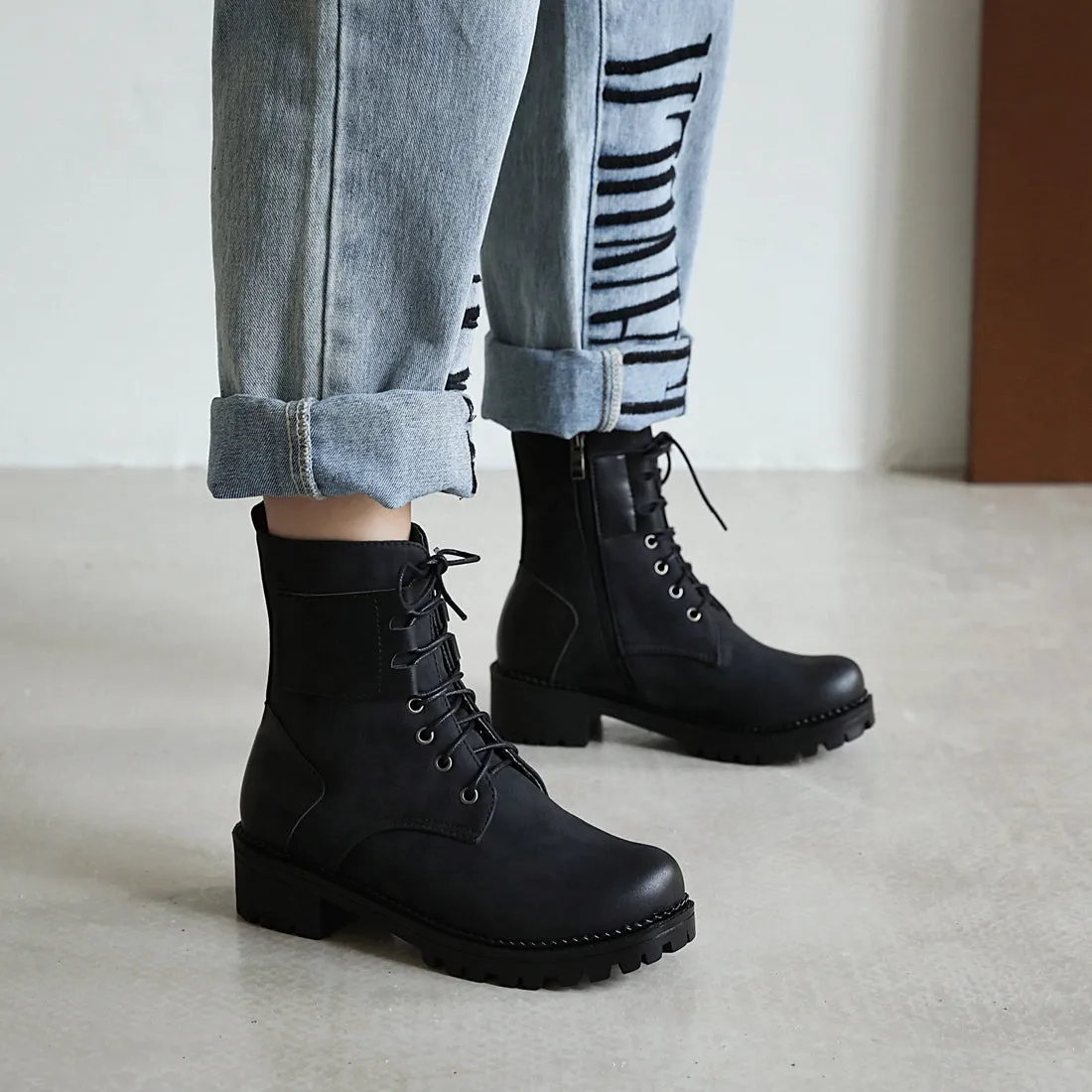 Bigsizeheels Colorblock retro fashion Martin boots - Black