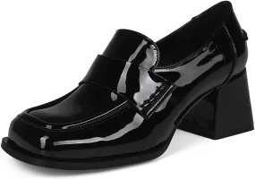 Black Loafers Trendy Square Toe Casual Slip-on Block Heel Comfortable Dress Office Shoes