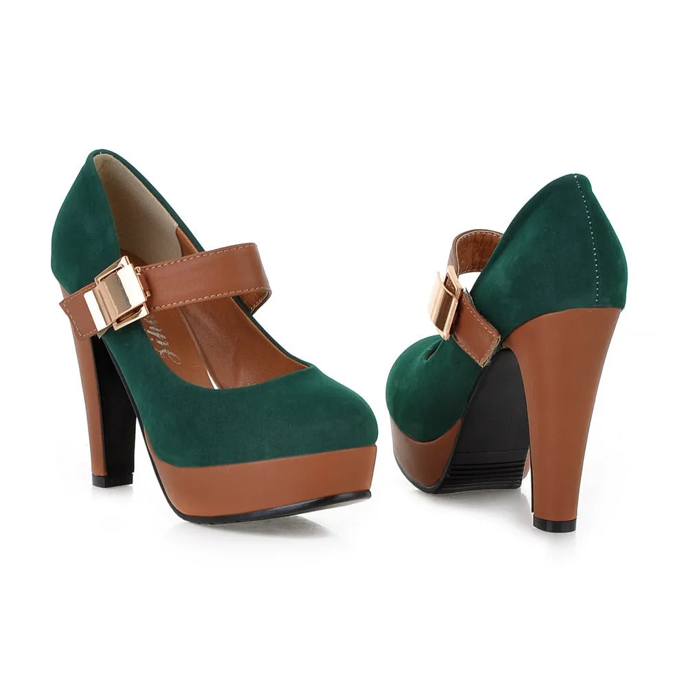 Chunky Heel PU Patchwork Round Toe High Heels