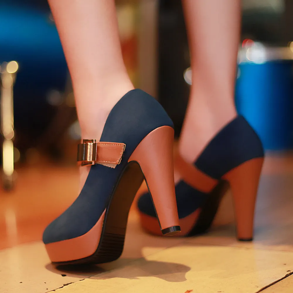 Chunky Heel PU Patchwork Round Toe High Heels