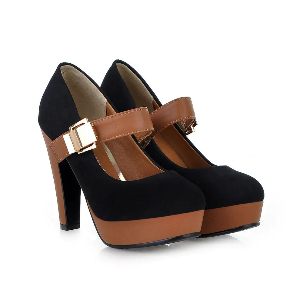 Chunky Heel PU Patchwork Round Toe High Heels