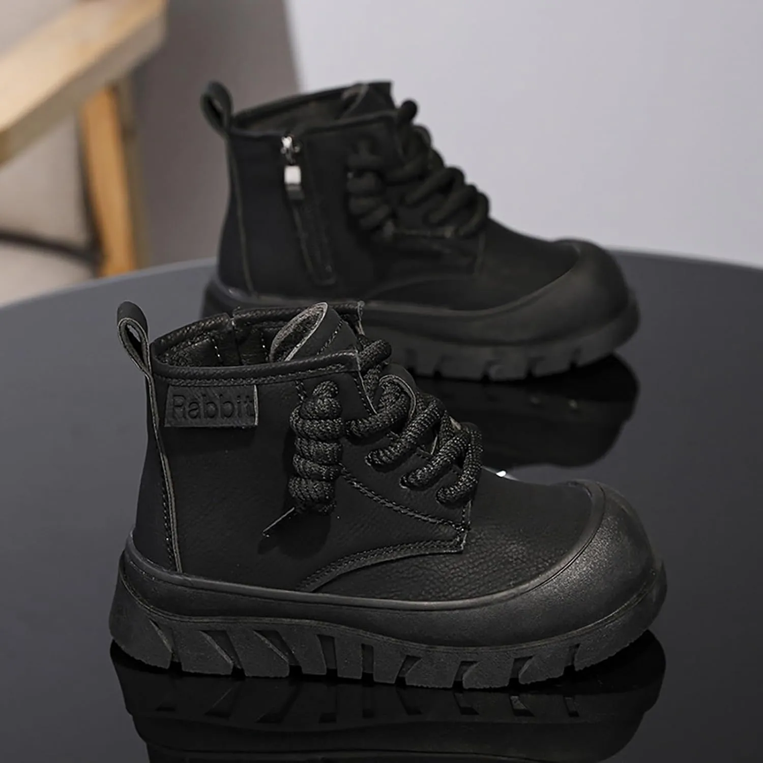 Chunky Sole Leather Booties For Childrens Boys Girls Kids Fashion Lace-Up Shoes aterproof Flat Non Slip Breathable Shoes