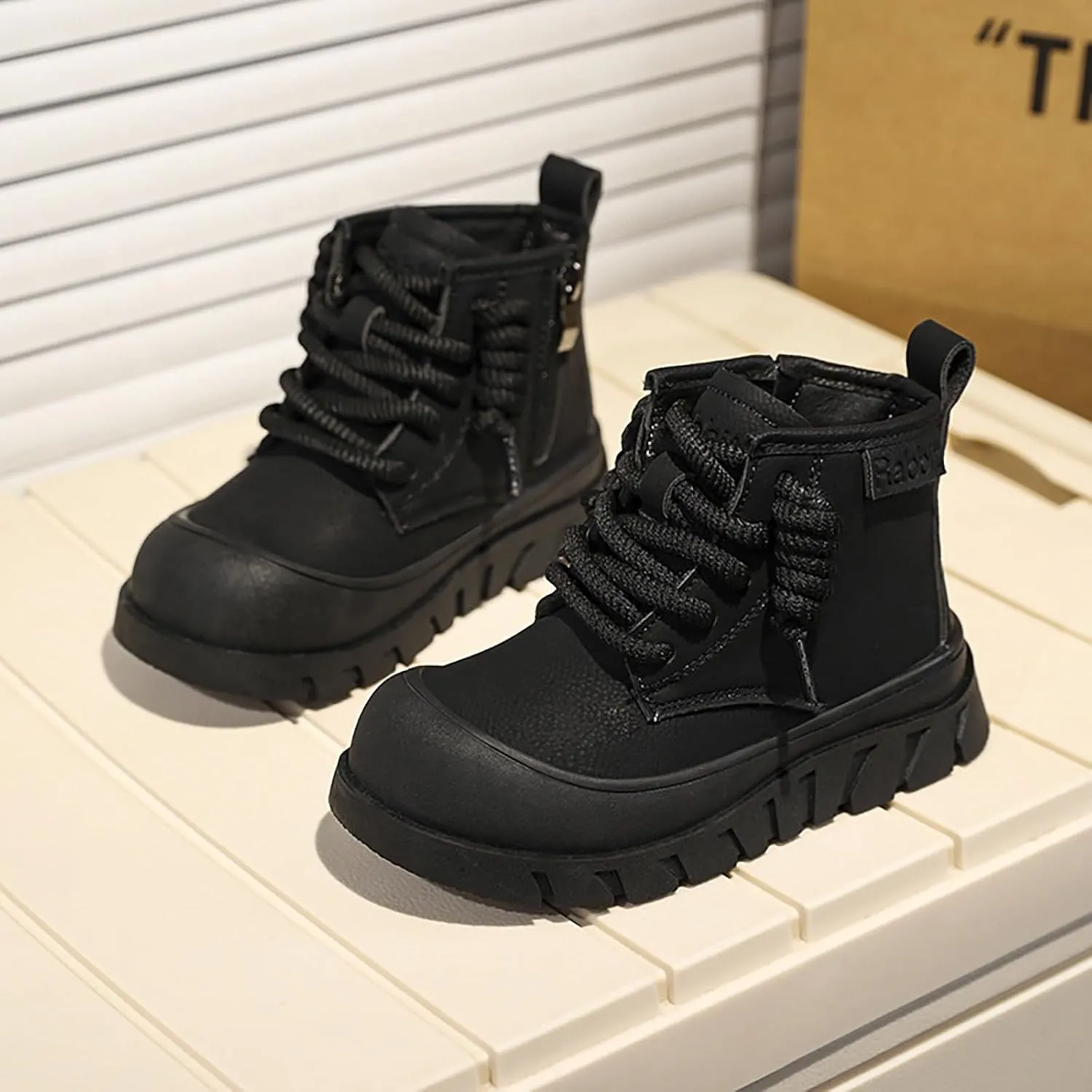 Chunky Sole Leather Booties For Childrens Boys Girls Kids Fashion Lace-Up Shoes aterproof Flat Non Slip Breathable Shoes