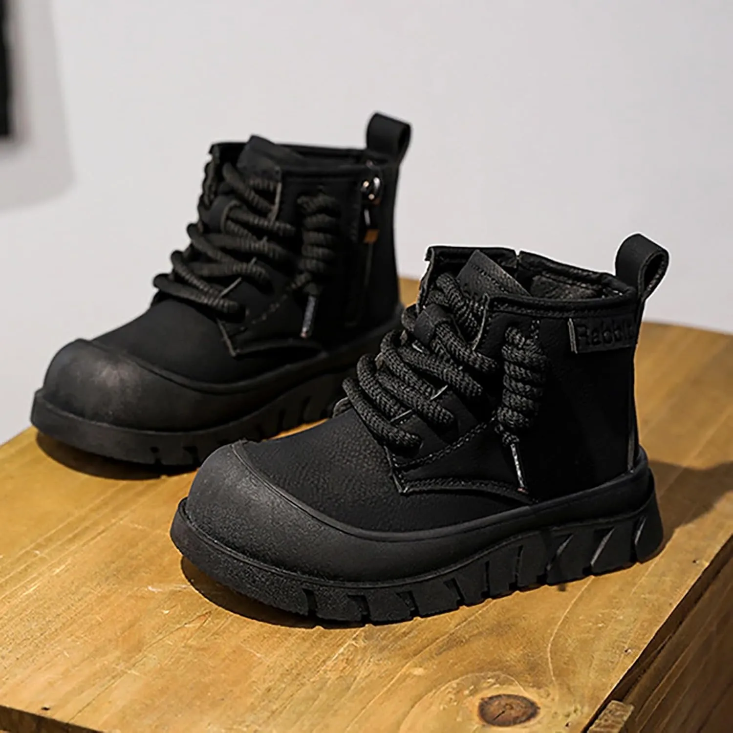 Chunky Sole Leather Booties For Childrens Boys Girls Kids Fashion Lace-Up Shoes aterproof Flat Non Slip Breathable Shoes