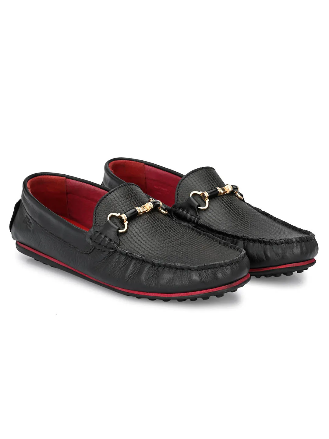 Hitz Men's Black Leather Slip-On Loafers Shoes