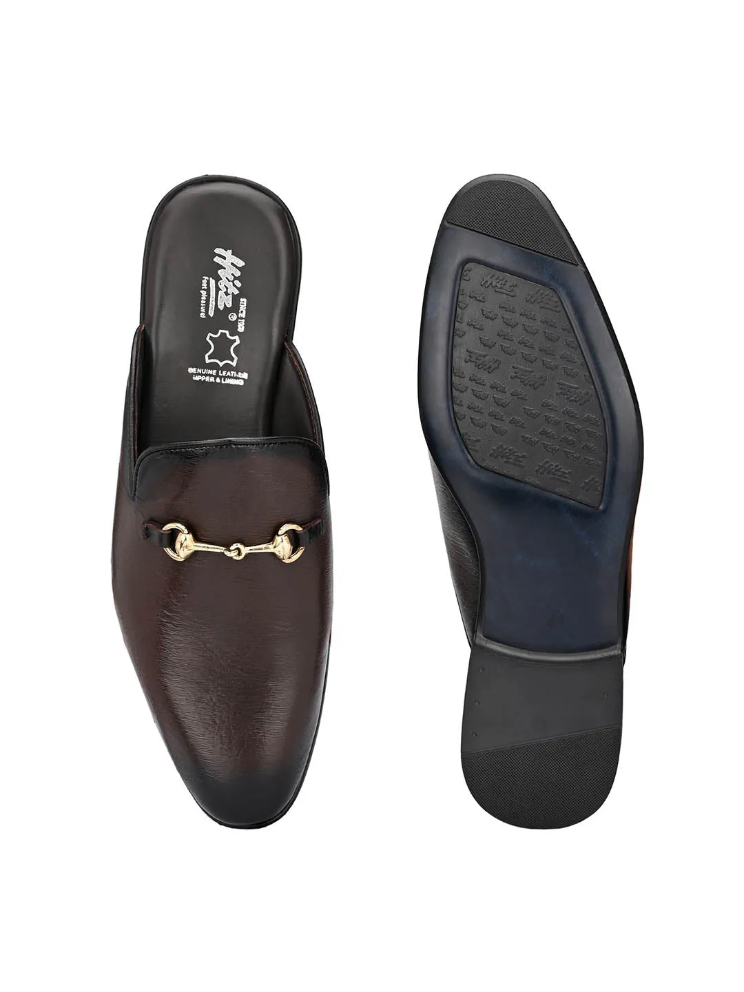 Hitz Men's Brown Leather Half Shoes Flat Mule Loafers