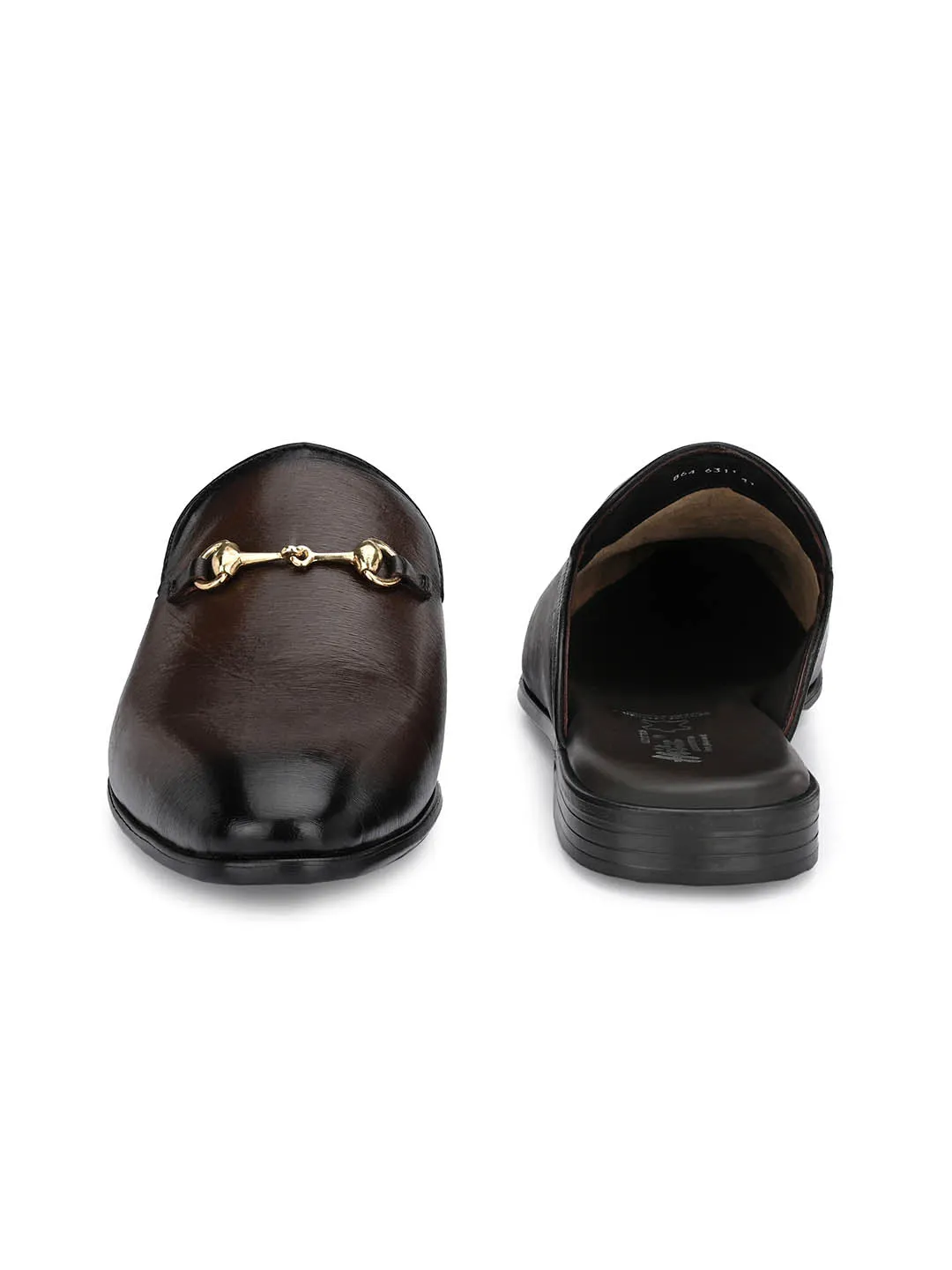Hitz Men's Brown Leather Half Shoes Flat Mule Loafers