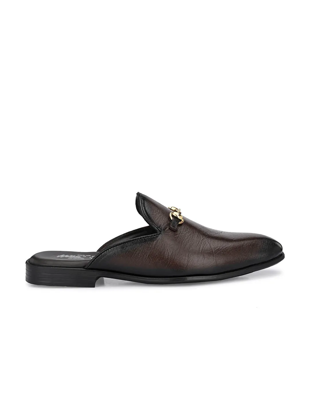 Hitz Men's Brown Leather Half Shoes Flat Mule Loafers