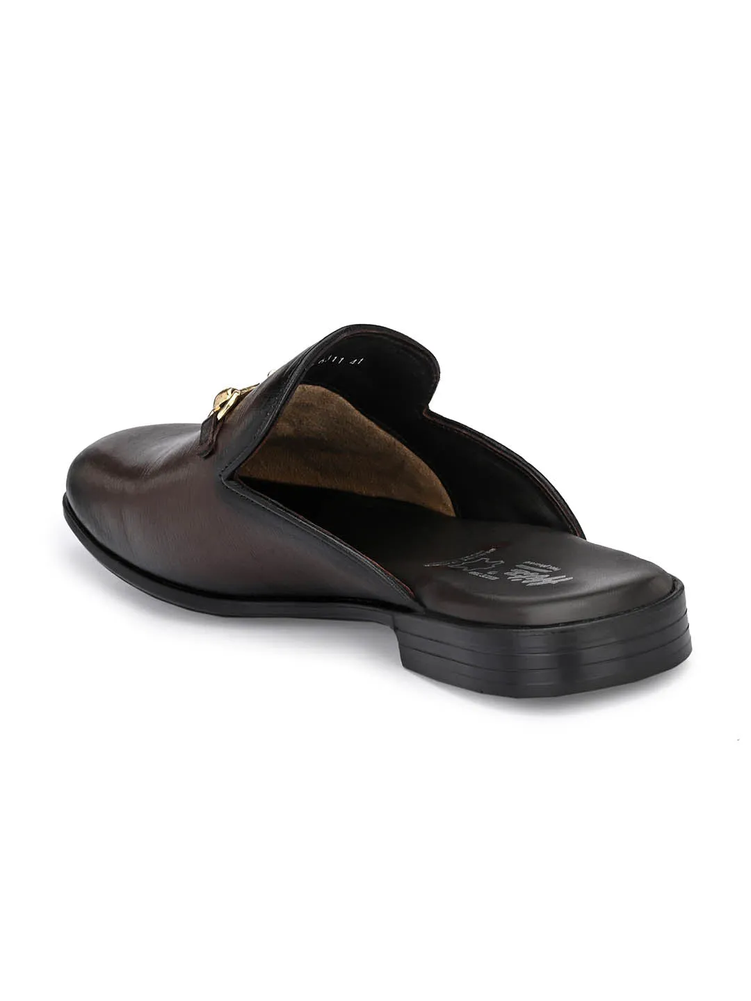 Hitz Men's Brown Leather Half Shoes Flat Mule Loafers