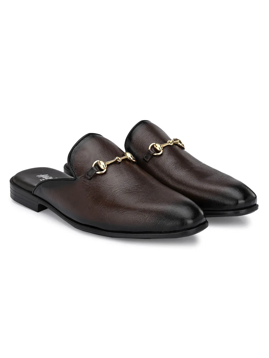 Hitz Men's Brown Leather Half Shoes Flat Mule Loafers
