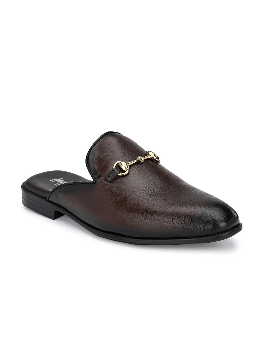 Hitz Men's Brown Leather Half Shoes Flat Mule Loafers