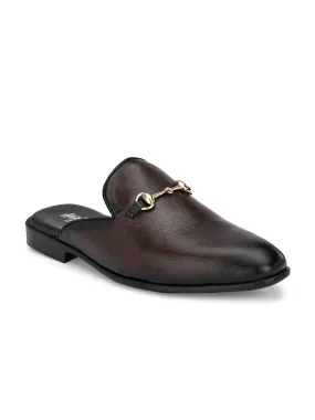 Hitz Men's Brown Leather Half Shoes Flat Mule Loafers