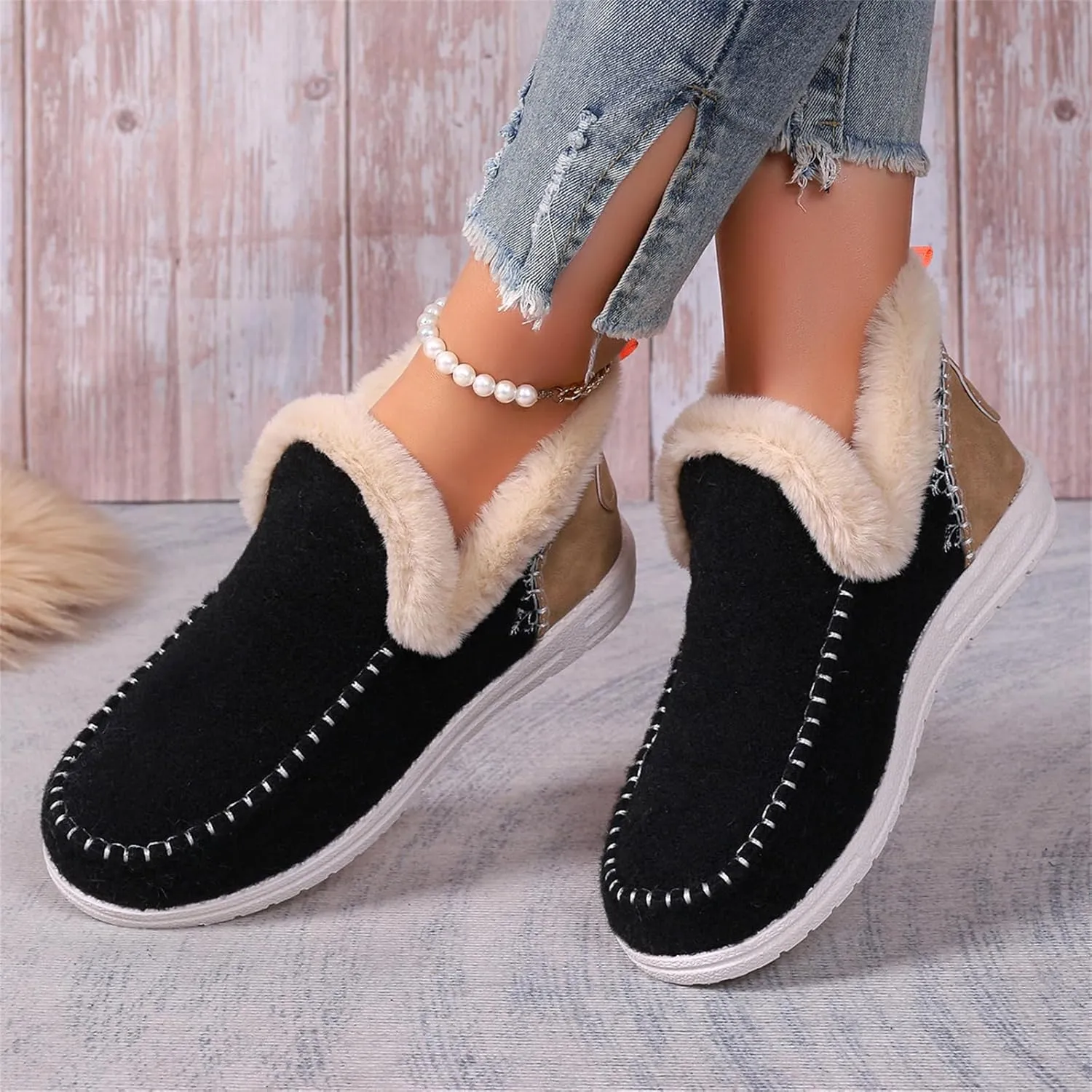 Lausiuoe Boots For Women Ankle Booties Warm Snow Boots Winter Shoes Fur Lining Short Booties Casual Fashion Loafers Shoes