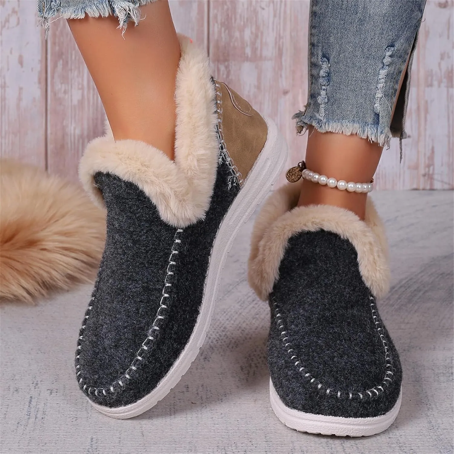 Lausiuoe Boots For Women Ankle Booties Warm Snow Boots Winter Shoes Fur Lining Short Booties Casual Fashion Loafers Shoes