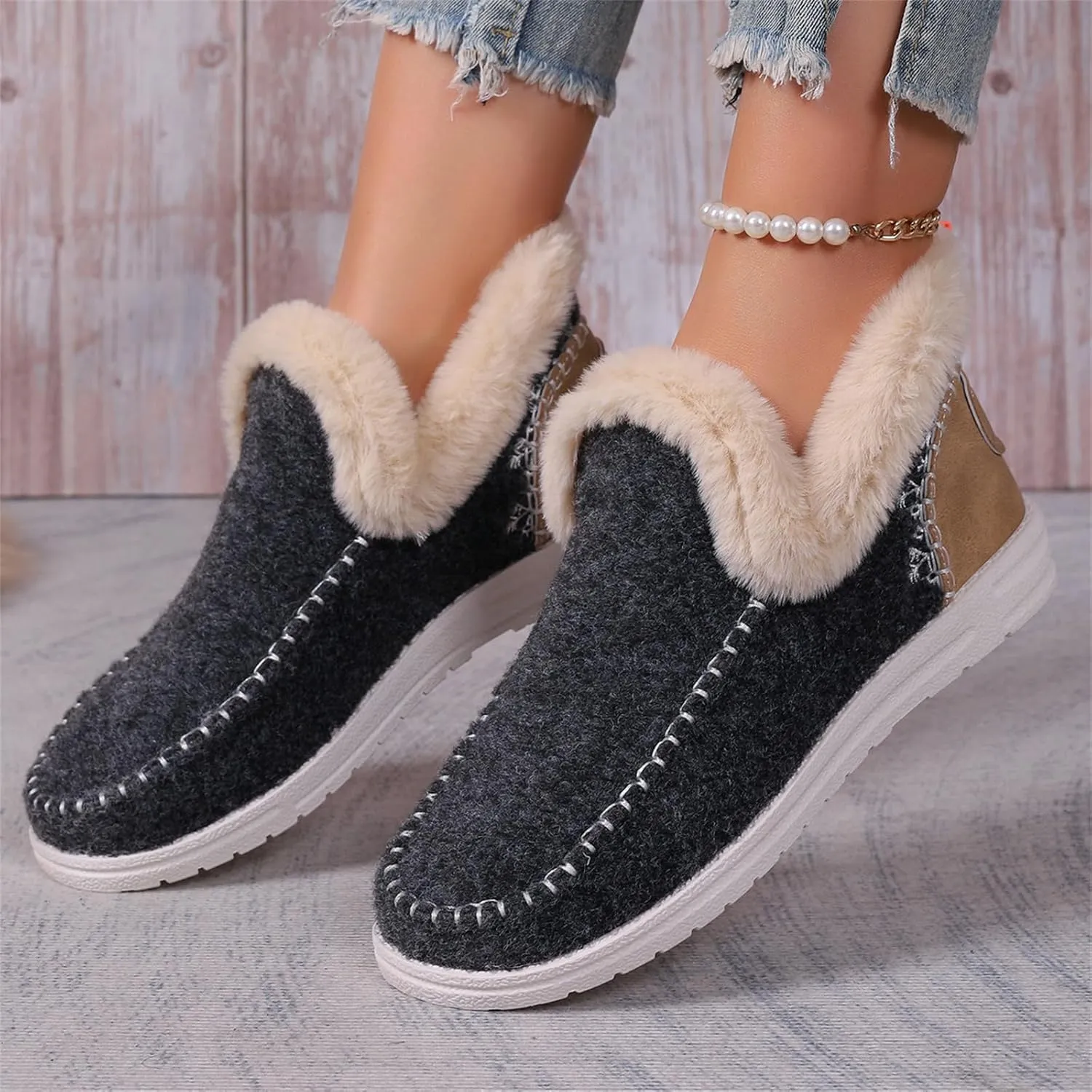 Lausiuoe Boots For Women Ankle Booties Warm Snow Boots Winter Shoes Fur Lining Short Booties Casual Fashion Loafers Shoes