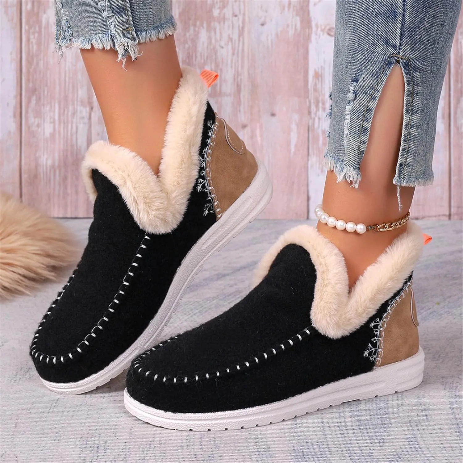Lausiuoe Boots For Women Ankle Booties Warm Snow Boots Winter Shoes Fur Lining Short Booties Casual Fashion Loafers Shoes