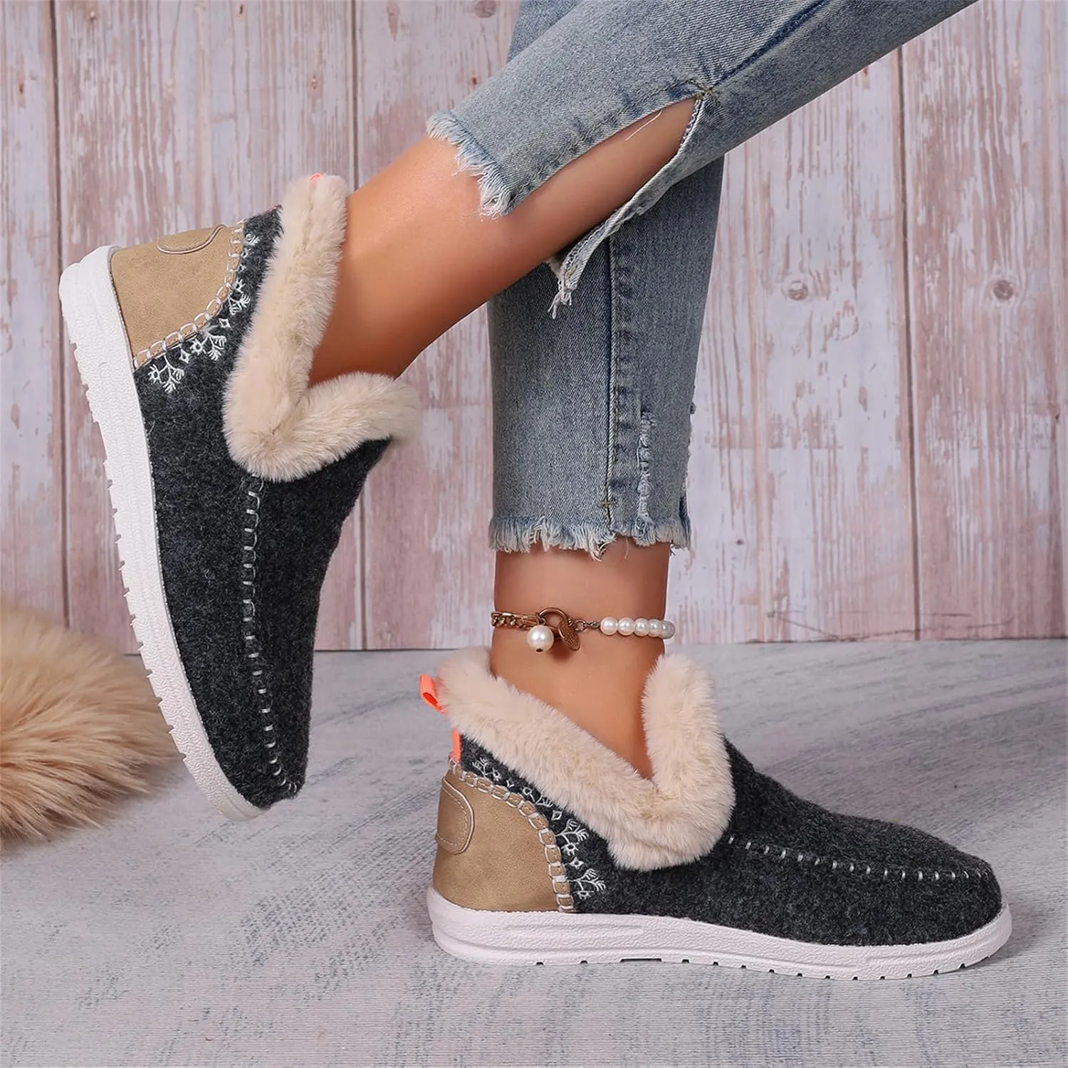 Lausiuoe Boots For Women Ankle Booties Warm Snow Boots Winter Shoes Fur Lining Short Booties Casual Fashion Loafers Shoes
