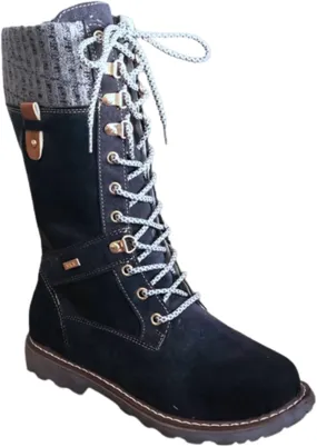 LIUsj JUNST Women Mid-Calf Boots Platform Chunky Heel Lace Up Winter Boots Fashion Wool Round Toe Side Zip Closure Combat Boots Women's Ankle Boots & Booties Ladies Snow Boots,Black,35