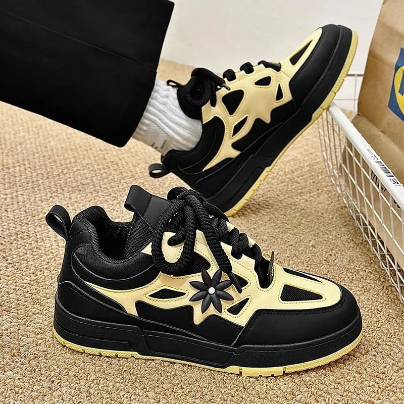 Men's Trendy Flower Pattern Lace Up Skateboard Shoes, Non Slip Comfy Platform Shoes, All Seasons