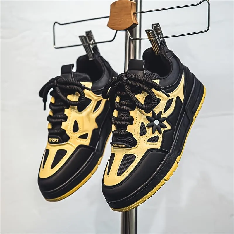Men's Trendy Flower Pattern Lace Up Skateboard Shoes, Non Slip Comfy Platform Shoes, All Seasons