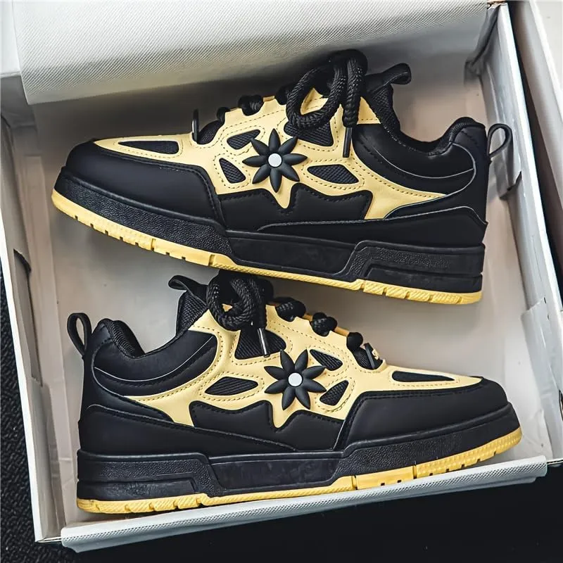 Men's Trendy Flower Pattern Lace Up Skateboard Shoes, Non Slip Comfy Platform Shoes, All Seasons