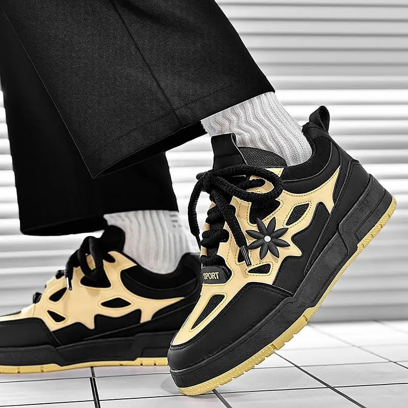 Men's Trendy Flower Pattern Lace Up Skateboard Shoes, Non Slip Comfy Platform Shoes, All Seasons