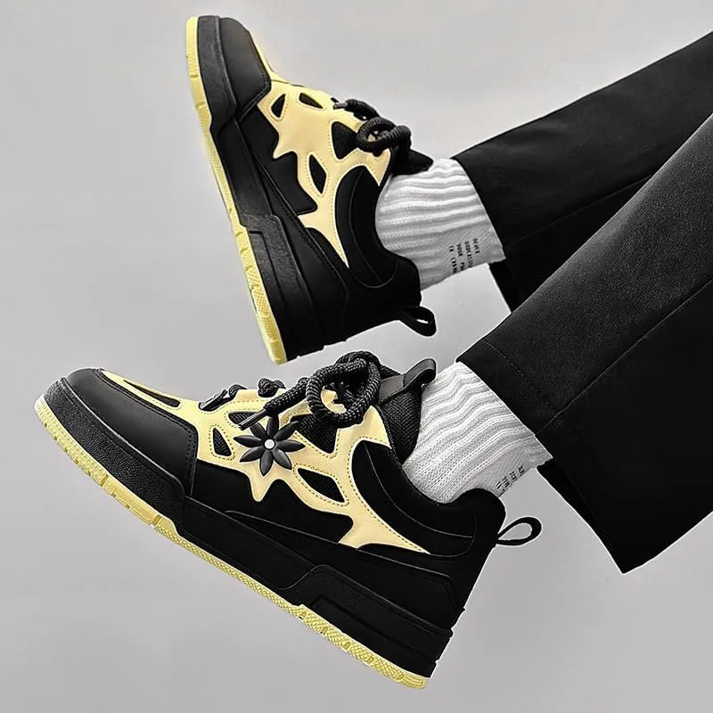 Men's Trendy Flower Pattern Lace Up Skateboard Shoes, Non Slip Comfy Platform Shoes, All Seasons