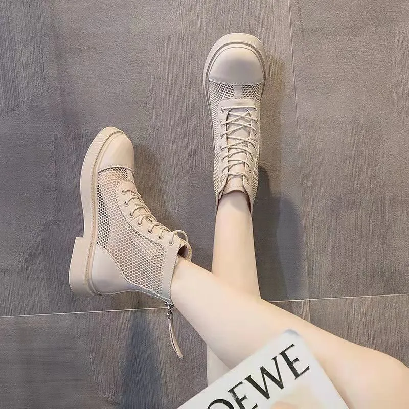 Mesh Martin Boots for Women Summer Hollow out Breathable Ankle Boots  New British Style All-Matching Platform Mesh Surface Sandal Boots