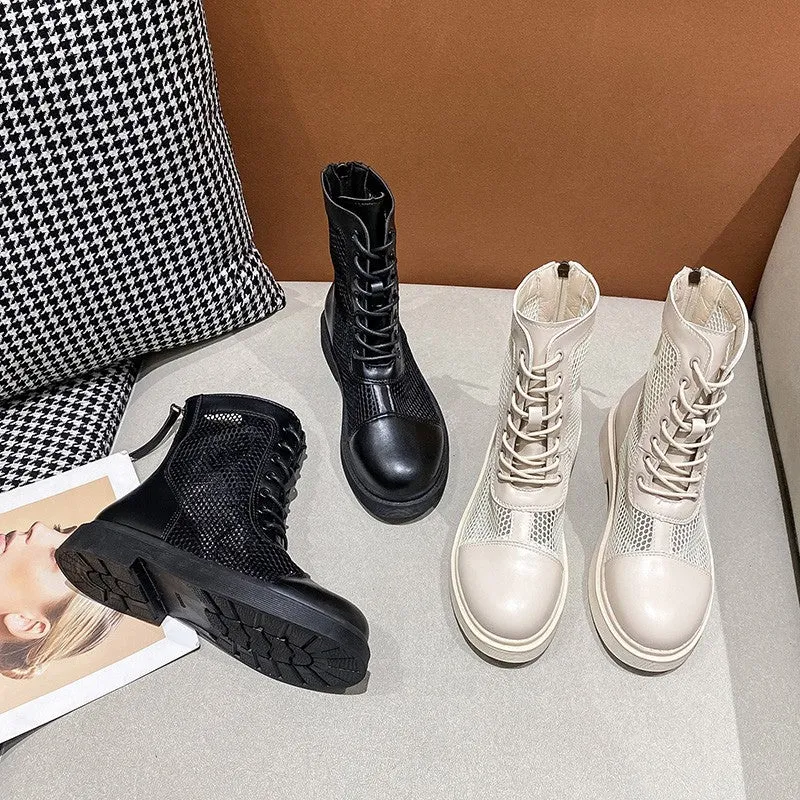 Mesh Martin Boots for Women Summer Hollow out Breathable Ankle Boots  New British Style All-Matching Platform Mesh Surface Sandal Boots