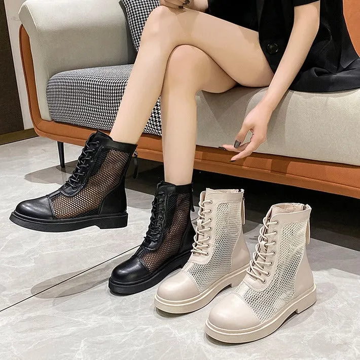 Mesh Martin Boots for Women Summer Hollow out Breathable Ankle Boots  New British Style All-Matching Platform Mesh Surface Sandal Boots