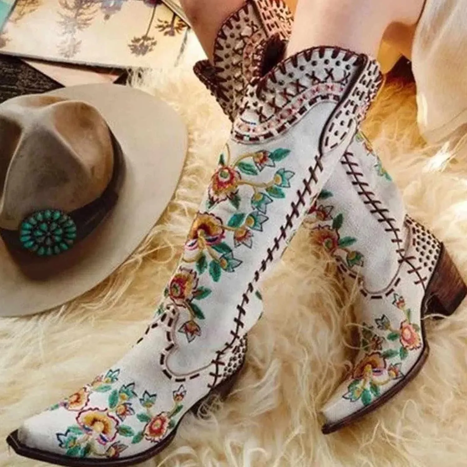 OMEARK Women's Embroidered Western Boots, Fashion Faux Leather Pointed Toe Cowgirl Mid Calf Boots, Winter Chunky Heel Snip Toe Knight Boots Classic Retro Large Size Booties Shoes