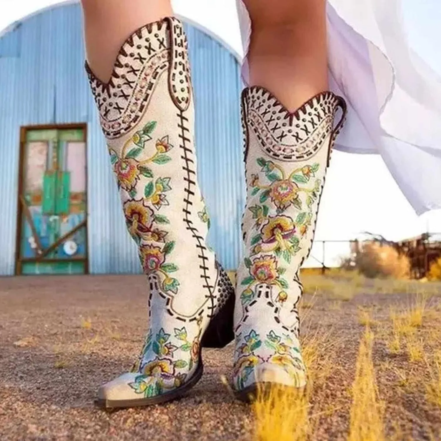 OMEARK Women's Embroidered Western Boots, Fashion Faux Leather Pointed Toe Cowgirl Mid Calf Boots, Winter Chunky Heel Snip Toe Knight Boots Classic Retro Large Size Booties Shoes