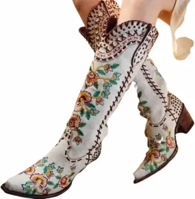 OMEARK Women's Embroidered Western Boots, Fashion Faux Leather Pointed Toe Cowgirl Mid Calf Boots, Winter Chunky Heel Snip Toe Knight Boots Classic Retro Large Size Booties Shoes