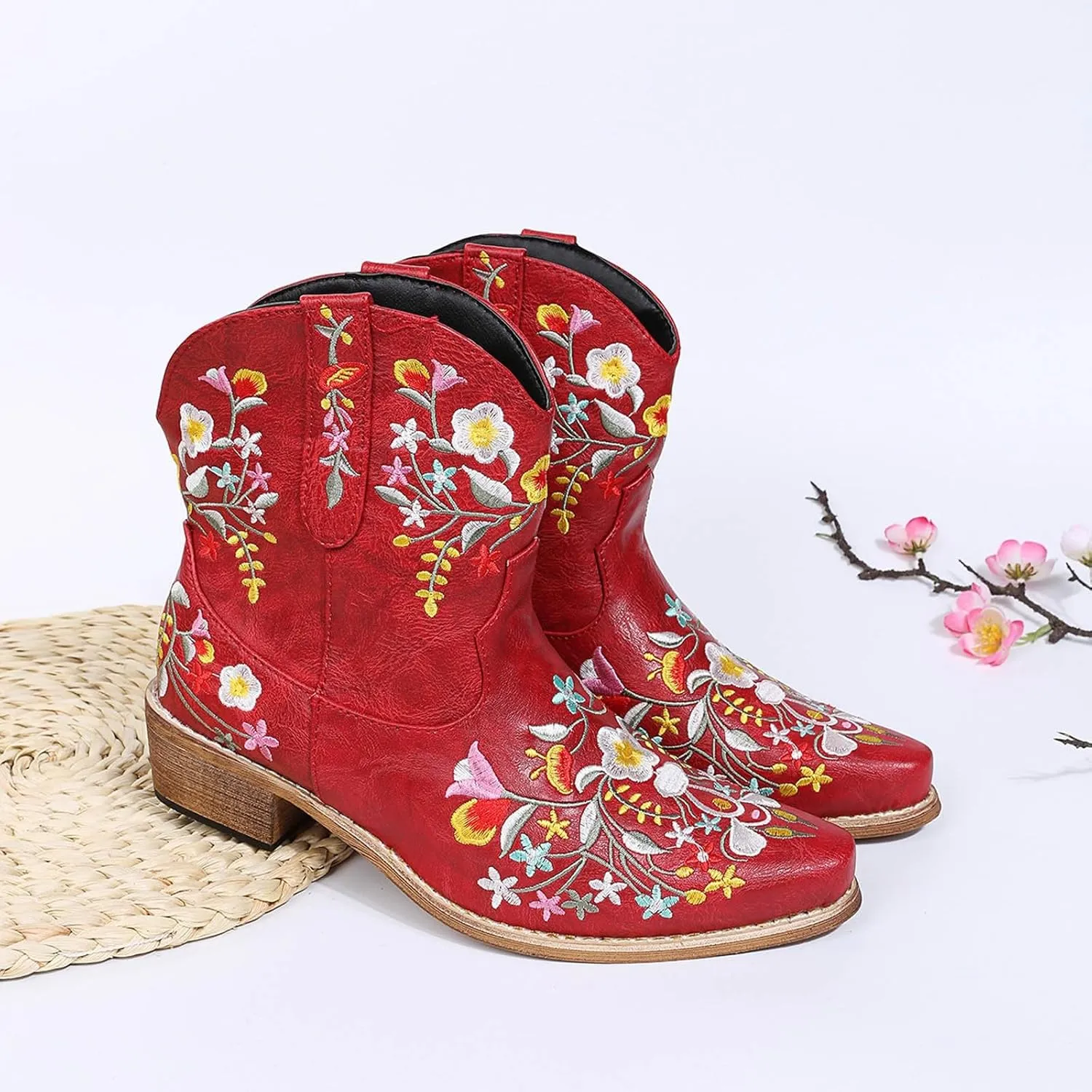 Women Ankle Cowgirl Bootie Western Fashion Ankle Boots Flower Embroidered Cowgirl Boots Pull On Short Ankle Boots