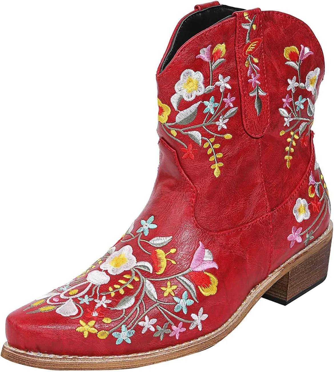 Women Ankle Cowgirl Bootie Western Fashion Ankle Boots Flower Embroidered Cowgirl Boots Pull On Short Ankle Boots