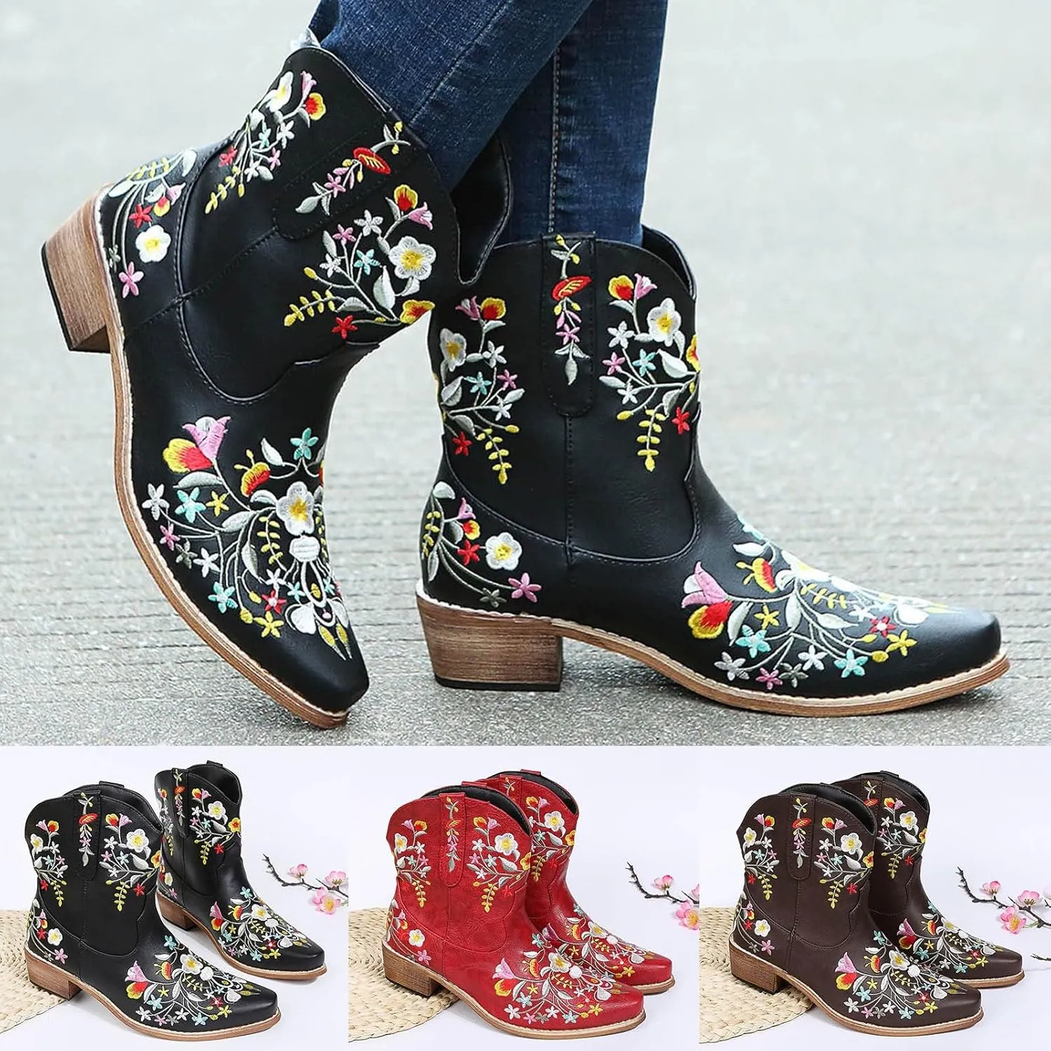 Women Ankle Cowgirl Bootie Western Fashion Ankle Boots Flower Embroidered Cowgirl Boots Pull On Short Ankle Boots