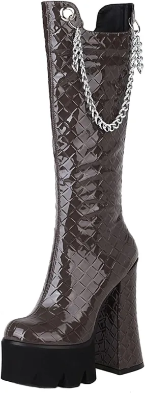 Women Fashion Super High Heels Platform Side Zipper Thick Heels Knee High Boots