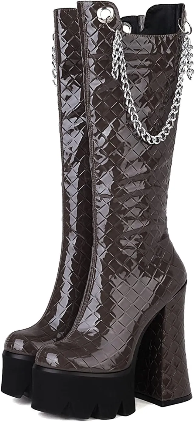 Women Fashion Super High Heels Platform Side Zipper Thick Heels Knee High Boots