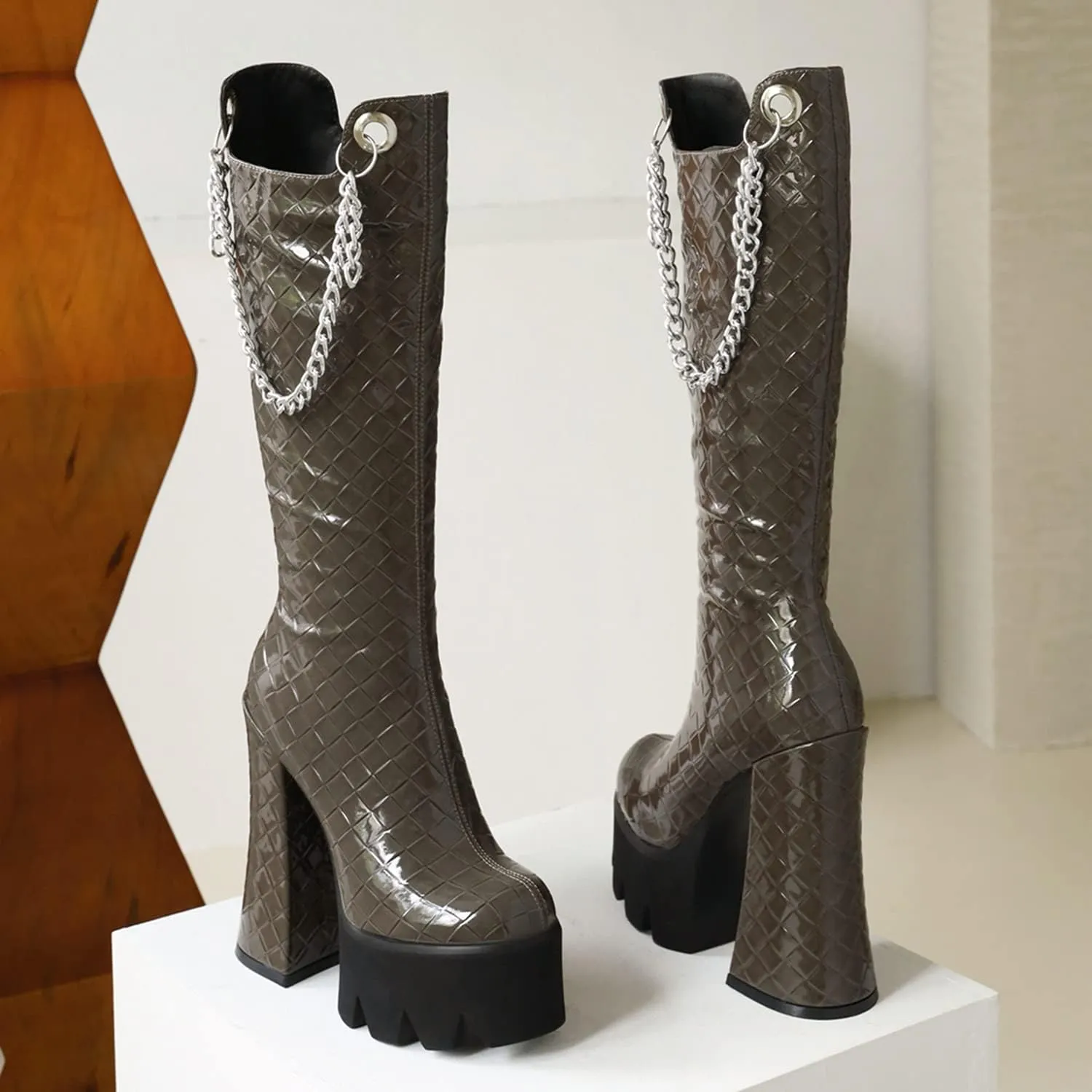 Women Fashion Super High Heels Platform Side Zipper Thick Heels Knee High Boots