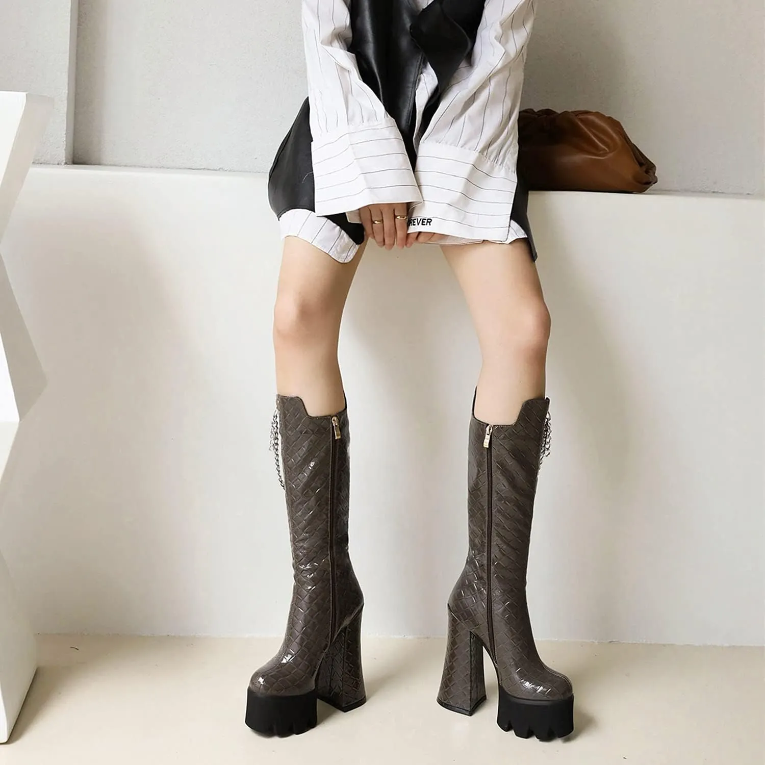 Women Fashion Super High Heels Platform Side Zipper Thick Heels Knee High Boots