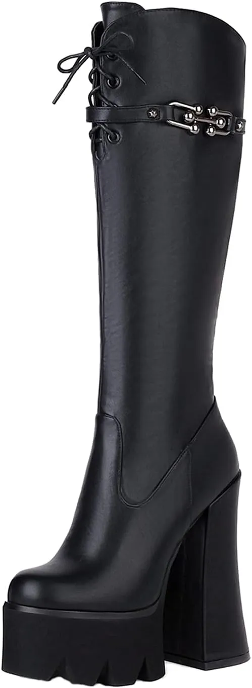 Women Fashion Super High Heels Platform Side Zipper Thick Heels Knee High Boots