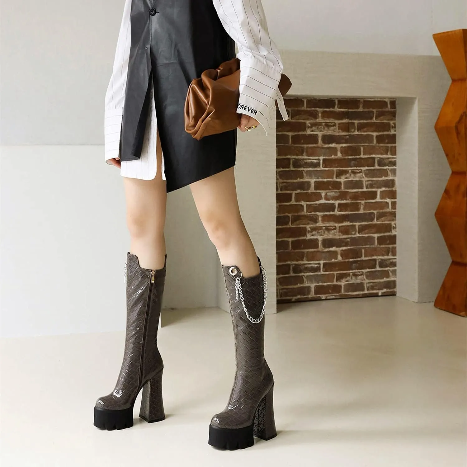 Women Fashion Super High Heels Platform Side Zipper Thick Heels Knee High Boots
