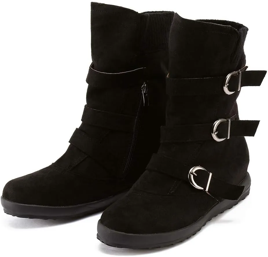 Women Round Toe Zipper Flat Color Buckle Strap Keep Warm Snow Boots Shoe Insoles Heel