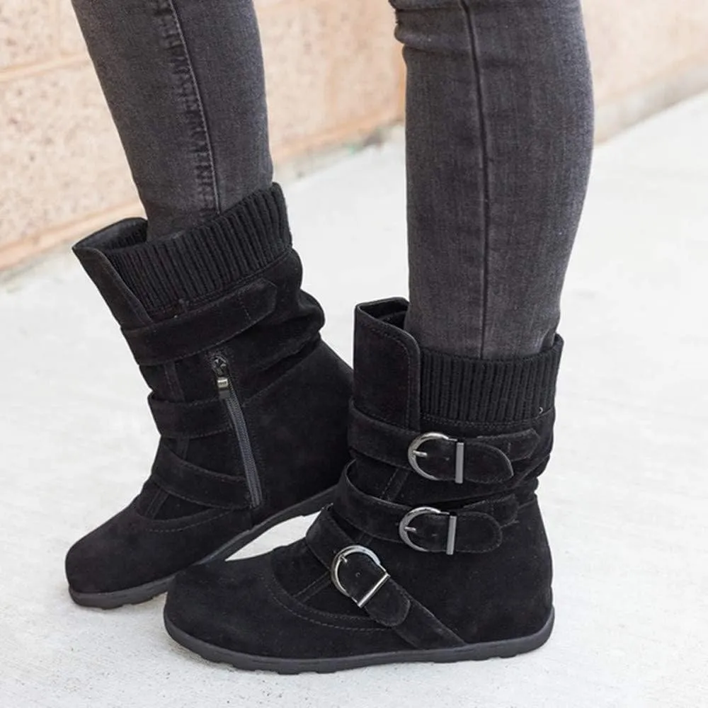 Women Round Toe Zipper Flat Color Buckle Strap Keep Warm Snow Boots Shoe Insoles Heel