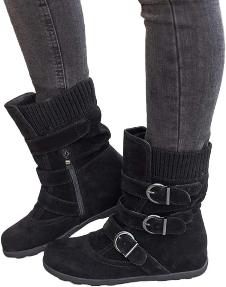 Women Round Toe Zipper Flat Color Buckle Strap Keep Warm Snow Boots Shoe Insoles Heel