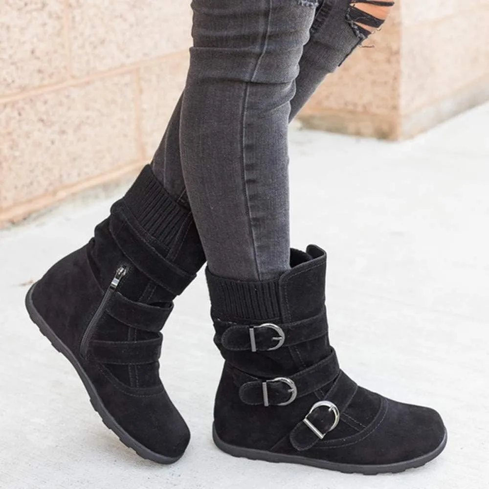 Women Round Toe Zipper Flat Color Buckle Strap Keep Warm Snow Boots Shoe Insoles Heel