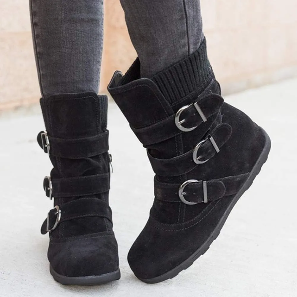 Women Round Toe Zipper Flat Color Buckle Strap Keep Warm Snow Boots Shoe Insoles Heel