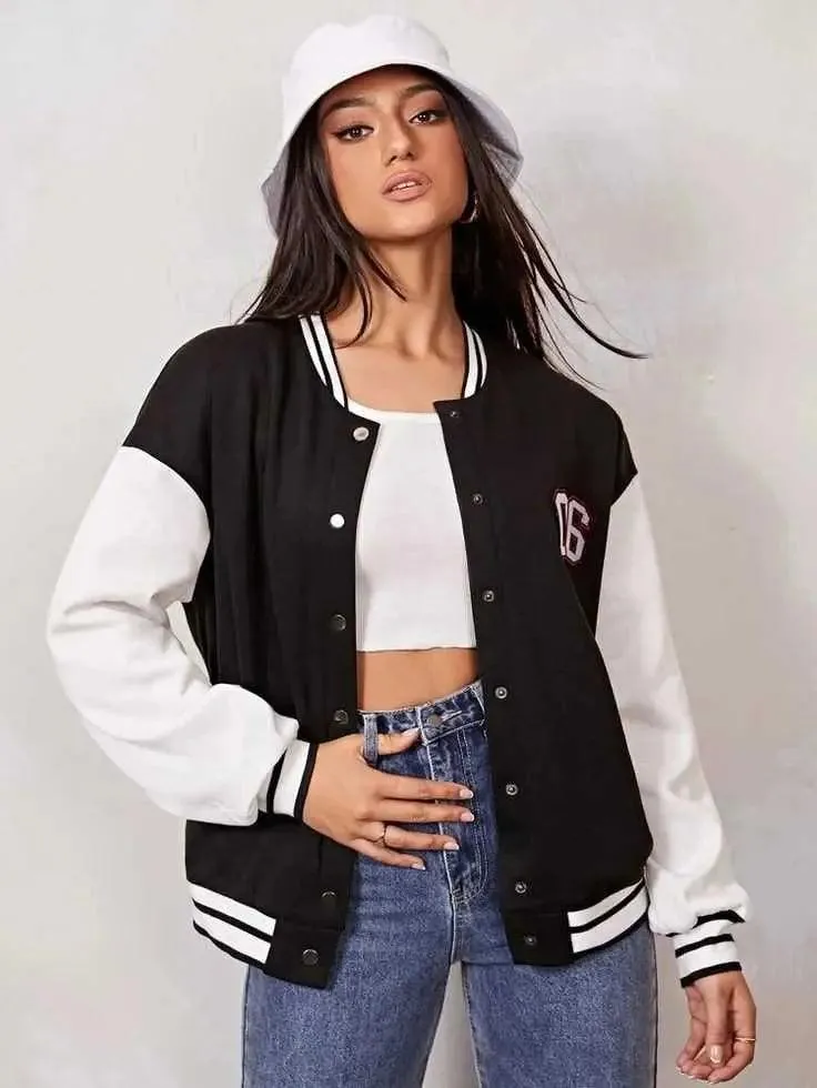 Women's Button Down Baseball Varsity Bomber Jacket 06