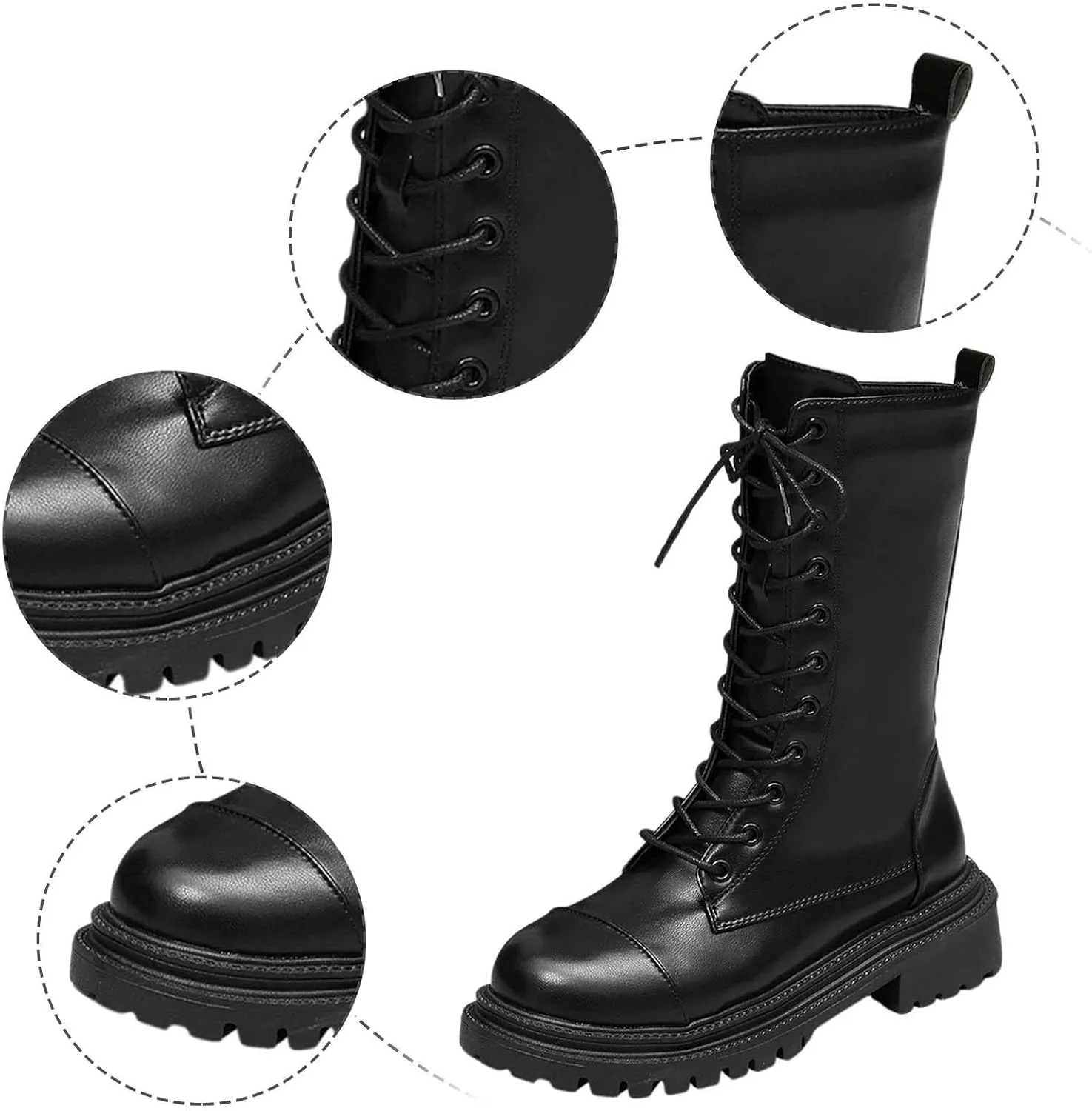 Women's Lug Sole Combat Ankle Bootie Lace up Low Chunky Block heels Side Zipper Boots Fashion Causal Shoes Chunky Combat Mid